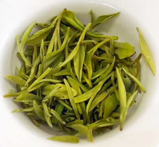 Green tea leaves in a white bowl